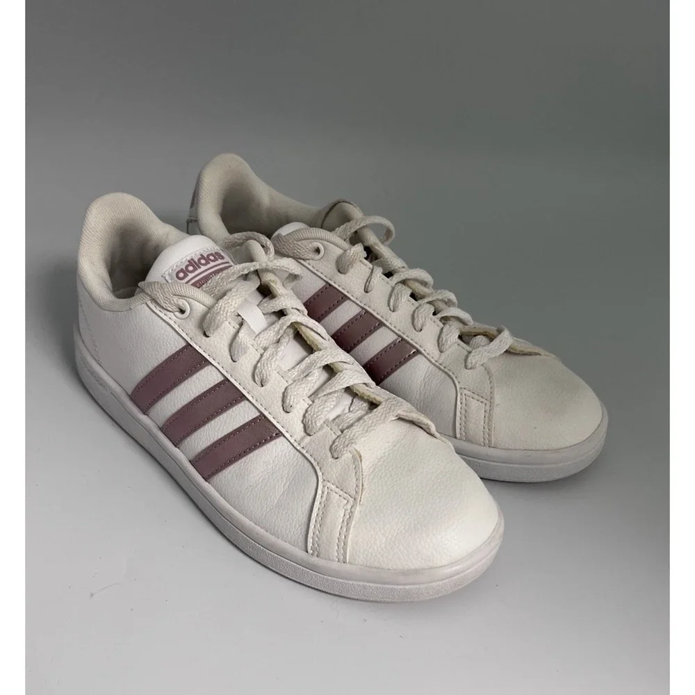 ADIDAS Cloudfoam Advantage Women White Pink 3 Stripe Shoe Sneakers 8M Comfy